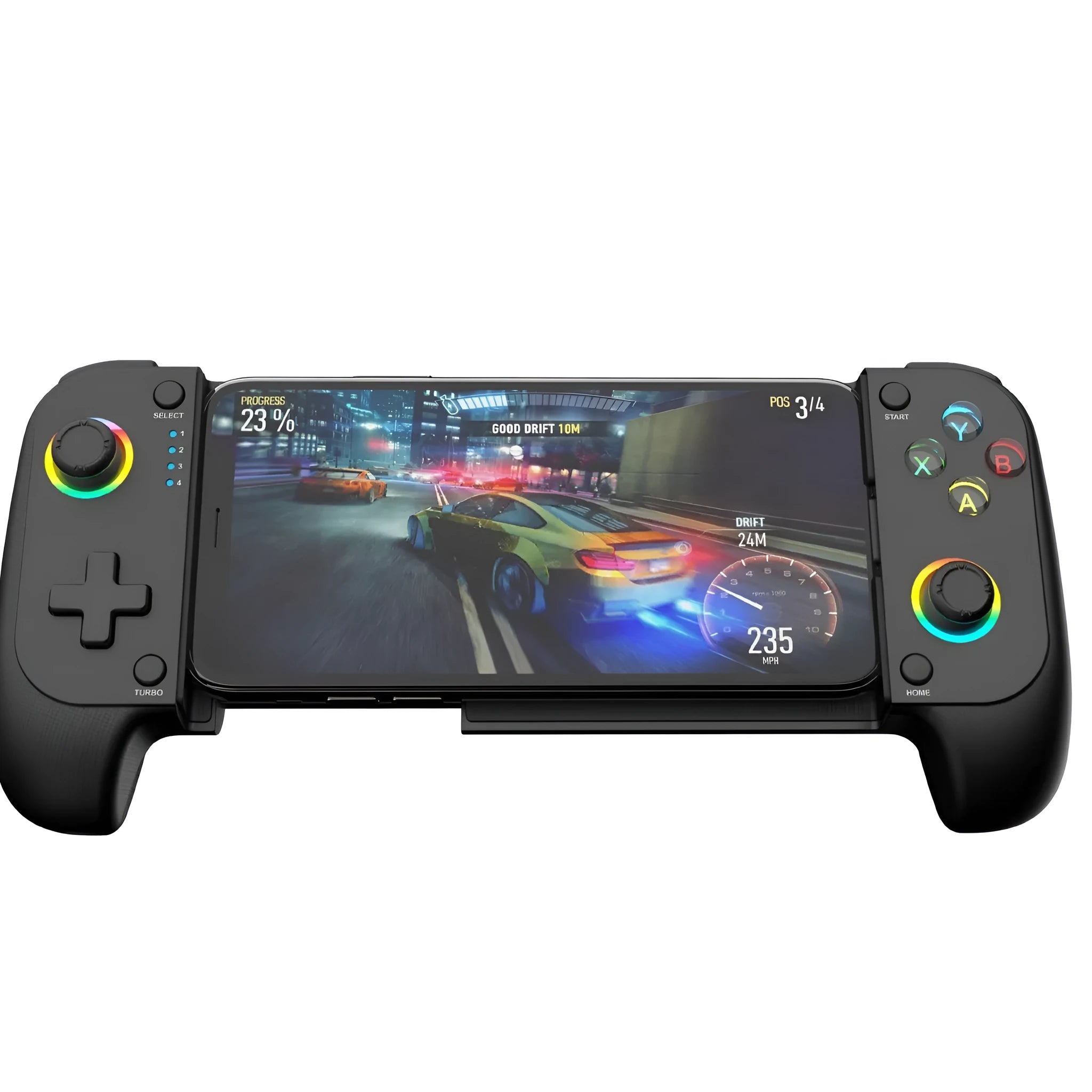 Black Bluetooth mobile game controller with telescopic arms stretched open, ready to hold a smartphone.
