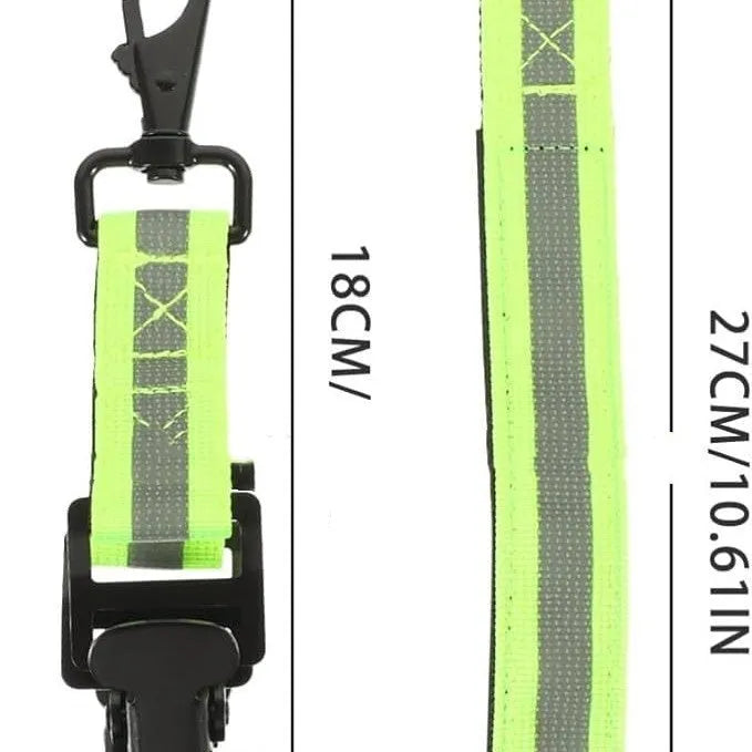 Fluorescent green reflective metal buckle clip for securing safety and work gloves.