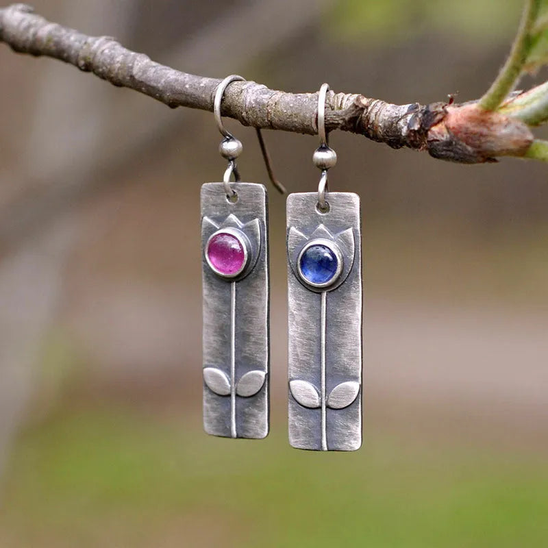 Women's antique finish red sapphire earrings with geometric retro design and electroplated metal construction