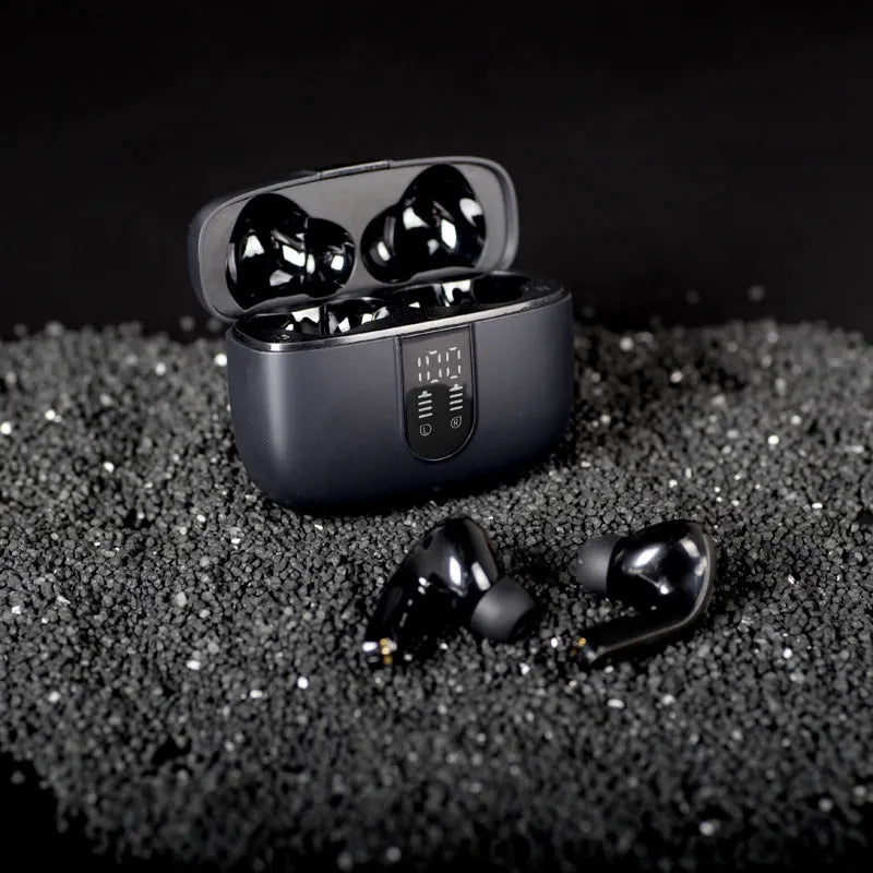 Jerry X08 black wireless in-ear headphones with digital display charging case.