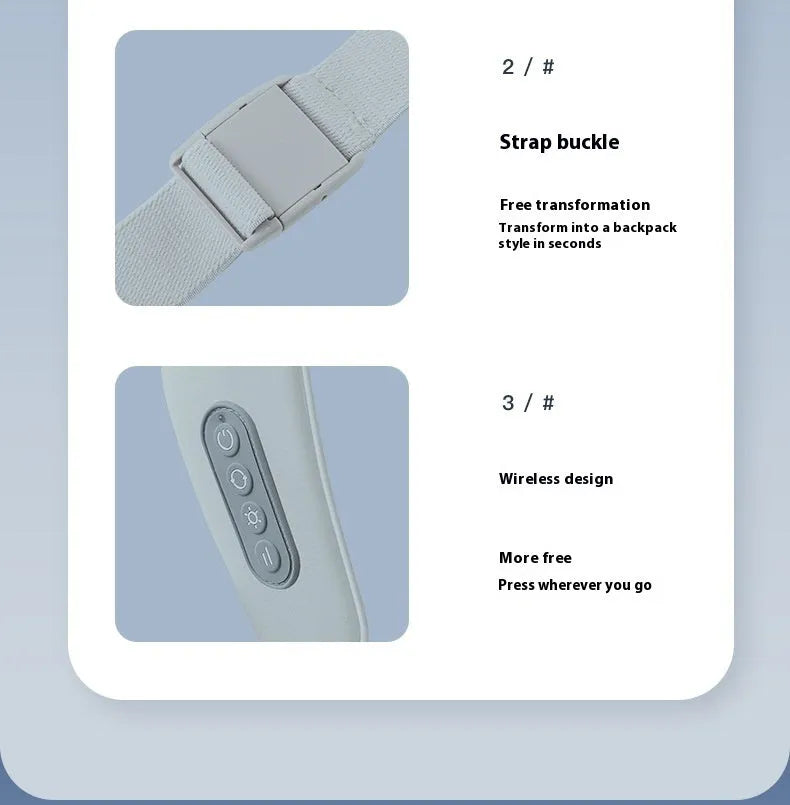 Grey USB-powered neck and back massager with elastic fabric and two-speed controls