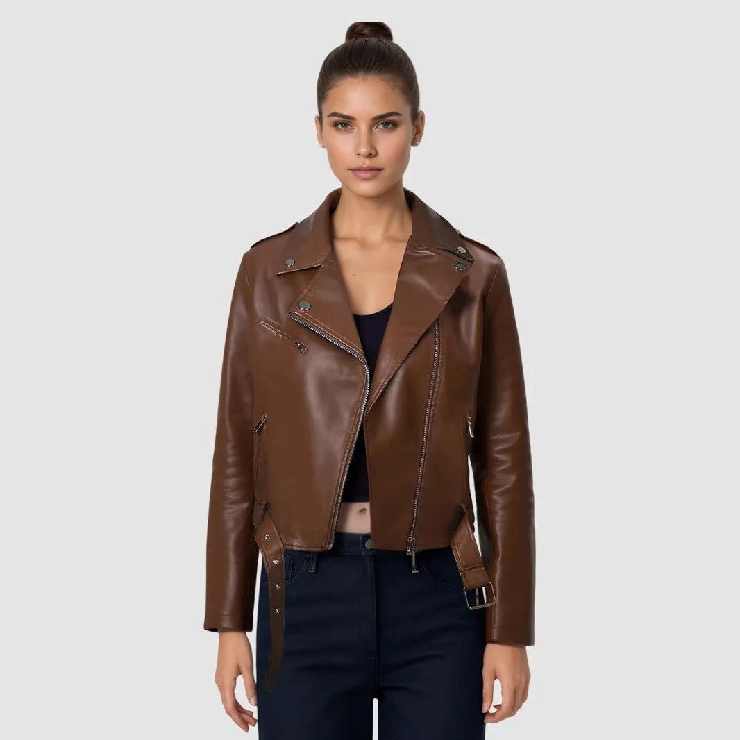 Red women's short PU leather jacket with lapel collar and an adjustable waist belt