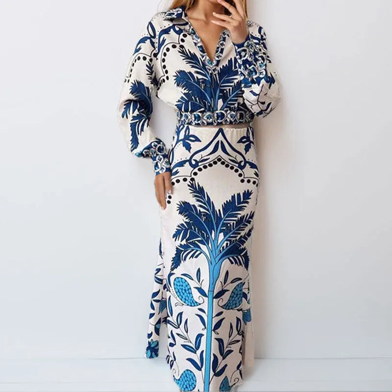 Women's long sleeve top and long skirt casual set in spring colour