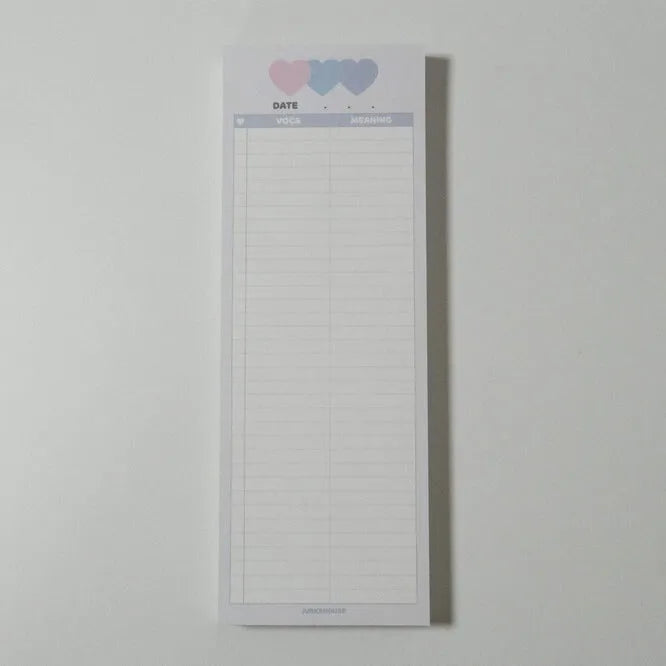 Vertical format English learning notepad with B5 half-size pages in choice of pink, purple or blue covers
