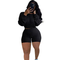 Women's off-the-shoulder long sleeve top with sunken stripe detail and matching solid colour shorts two-piece set.