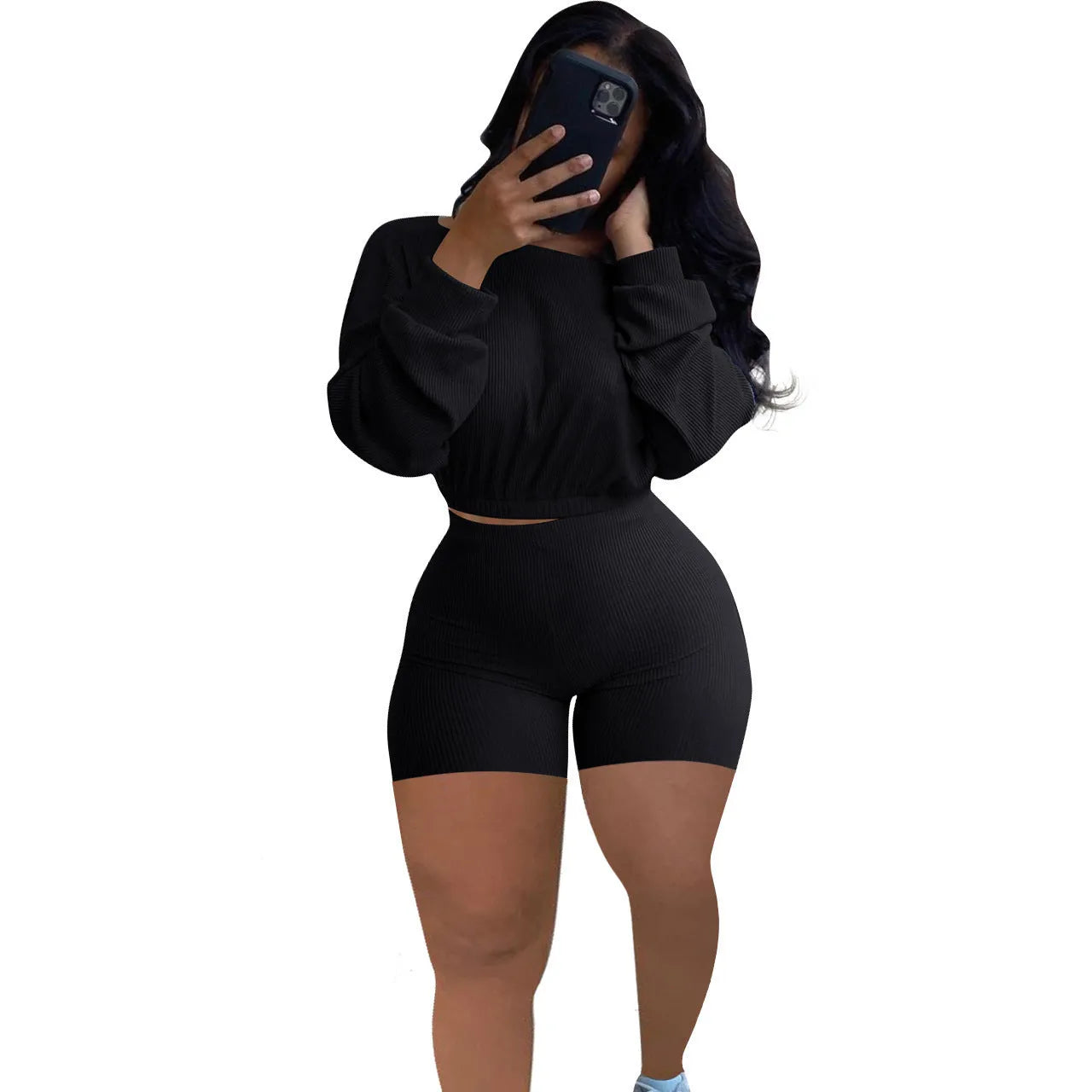 Women's off-the-shoulder long sleeve top with sunken stripe detail and matching solid colour shorts two-piece set.