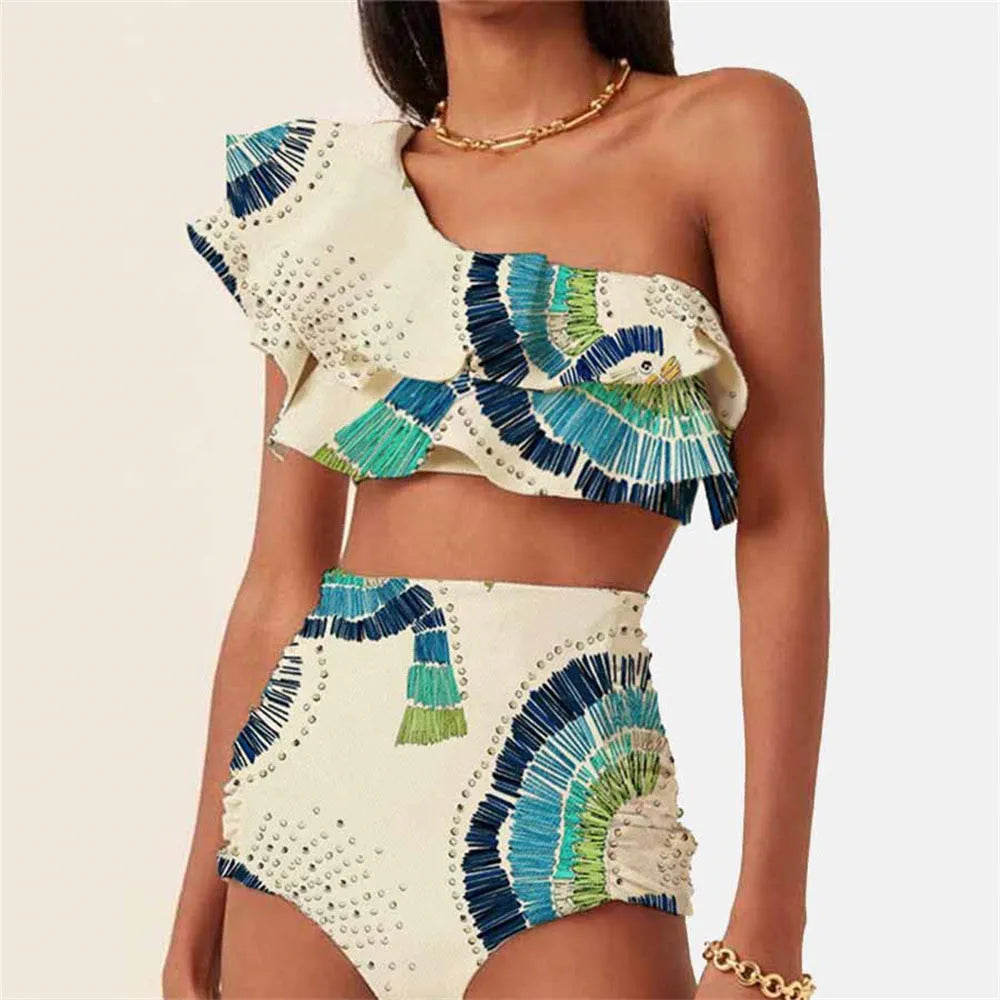White women's one-shoulder swimsuit with lotus leaf pattern and split skirt design