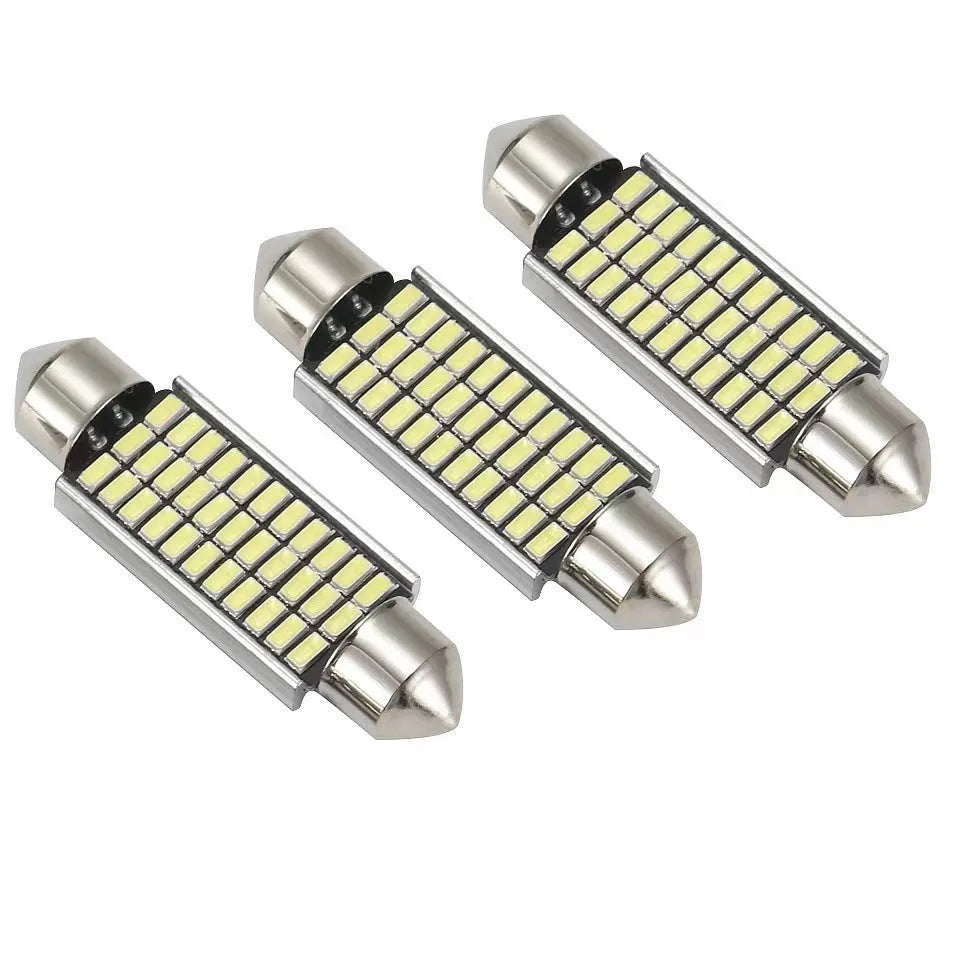 Car interior LED decoder light with aluminium housing and double-tip metal connector in white.