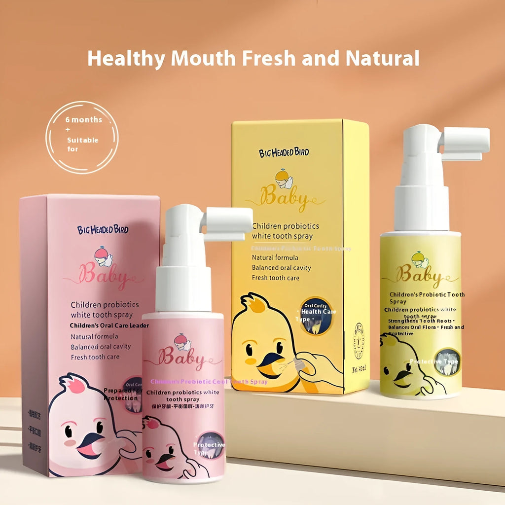 Children's probiotic teeth cleaning spray bottle in strawberry and orange flavours, 40ml anticavity oral care product