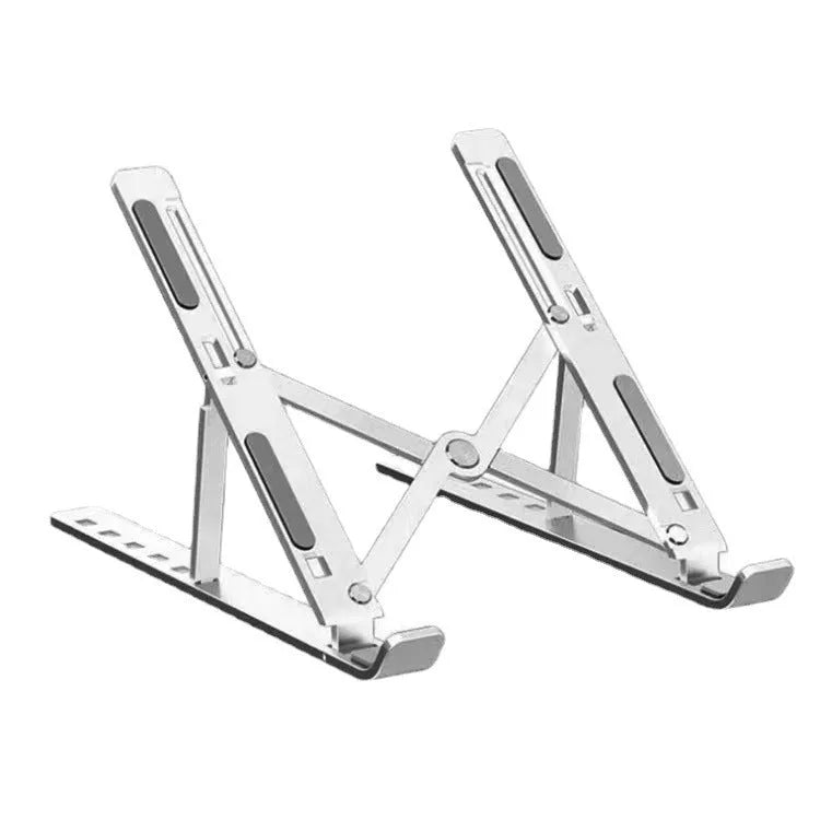 Silver aluminium alloy folding laptop stand with silicone padding for 16-18 inch devices