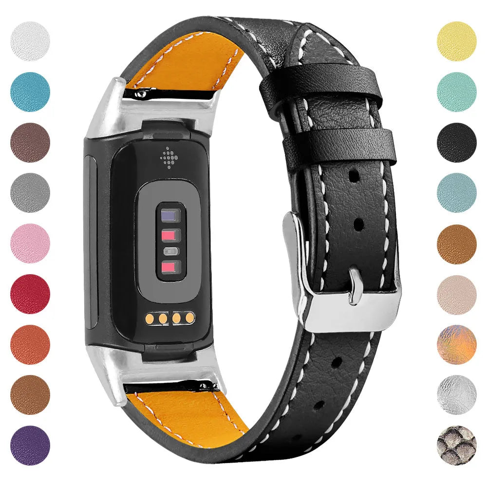 Genuine cowhide leather strap for Fitbit Charge 5 and Charge 6 smart watch in various colour options.