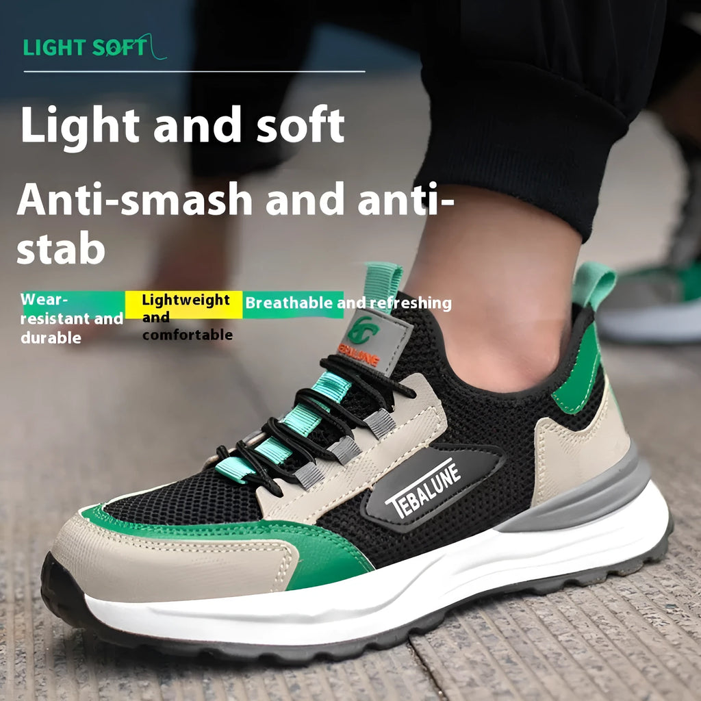 Black green safety shoes with mesh upper and plastic steel toe cap on TPU sole