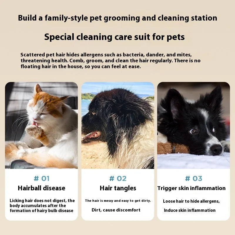 Pink white pet grooming and vacuum cleaner host with electric shear, combs, and suction attachments on a white background.