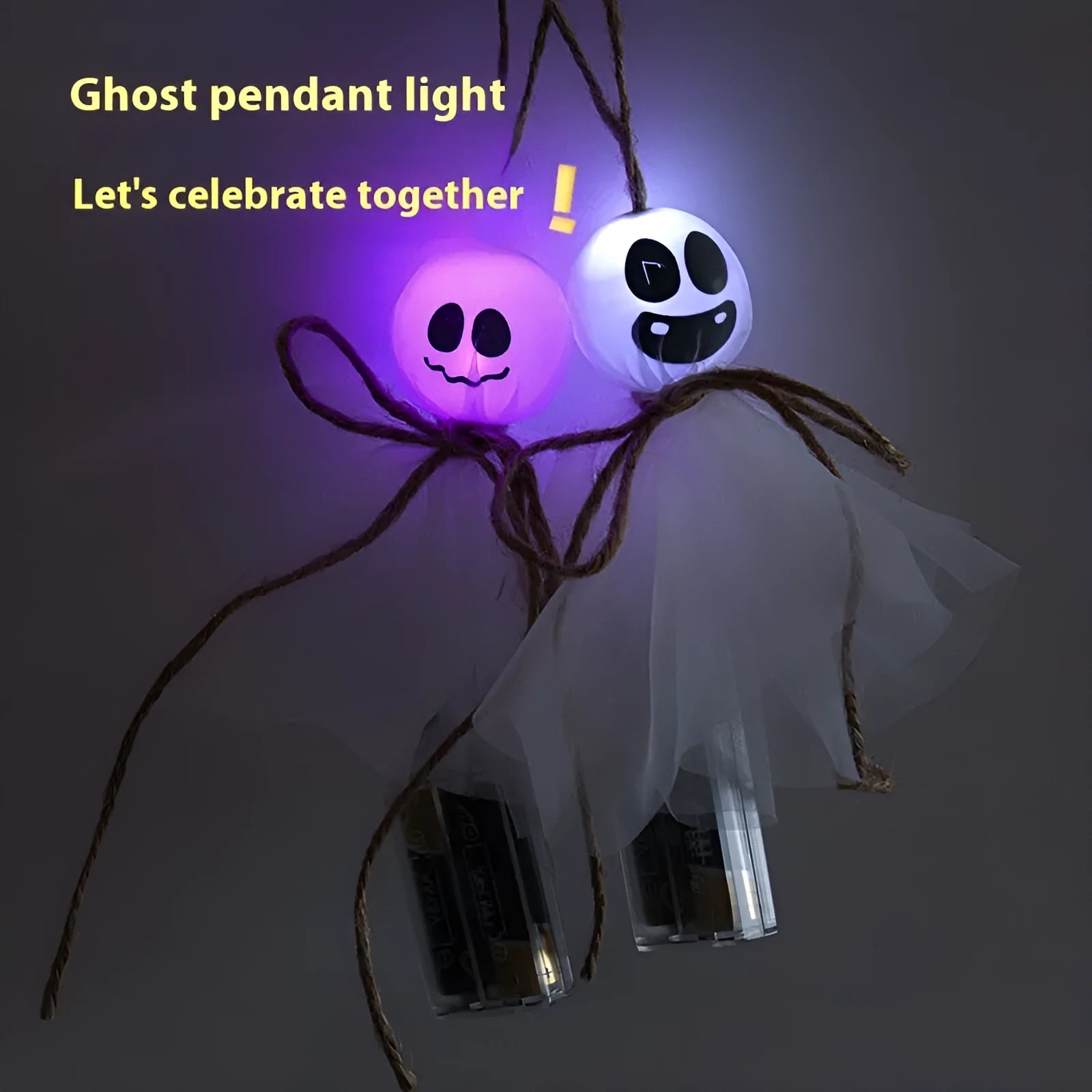 Halloween LED lighting chain with 20 colourful ghost design lights and battery box