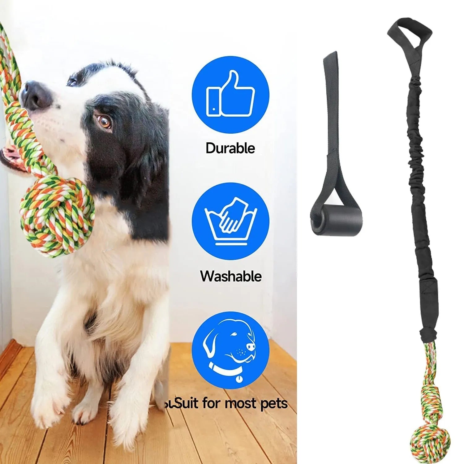 Braided cotton dog tug-of-war rope toy in black, grey, and red colour options