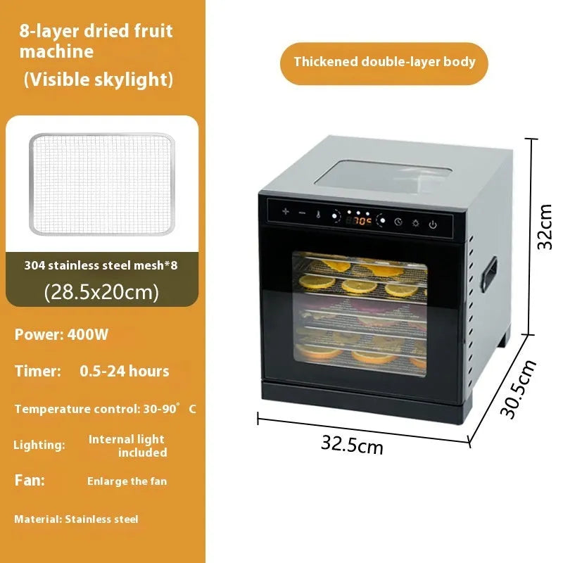 Stainless steel fruit dehydrator with transparent skylight lid showing six drying trays inside