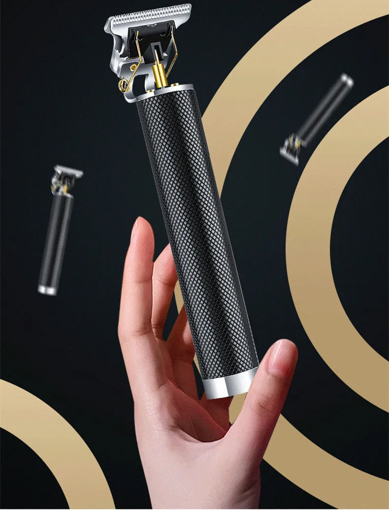 Black USB rechargeable electric hair clipper kit with gold steel blades and four comb attachments