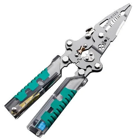 8.8-inch black handled electricians' pointed pliers with integrated wire stripper jaws