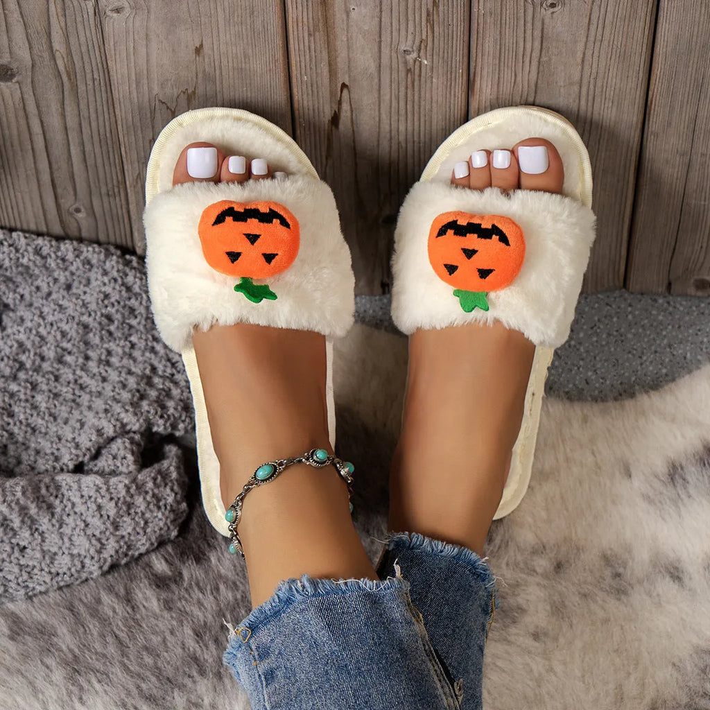 Yellow pumpkin cartoon design women's plush slippers with synthetic fur and open toe