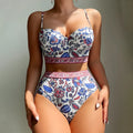 Blue women's high-waisted push-up bikini swimsuit in polyester fabric