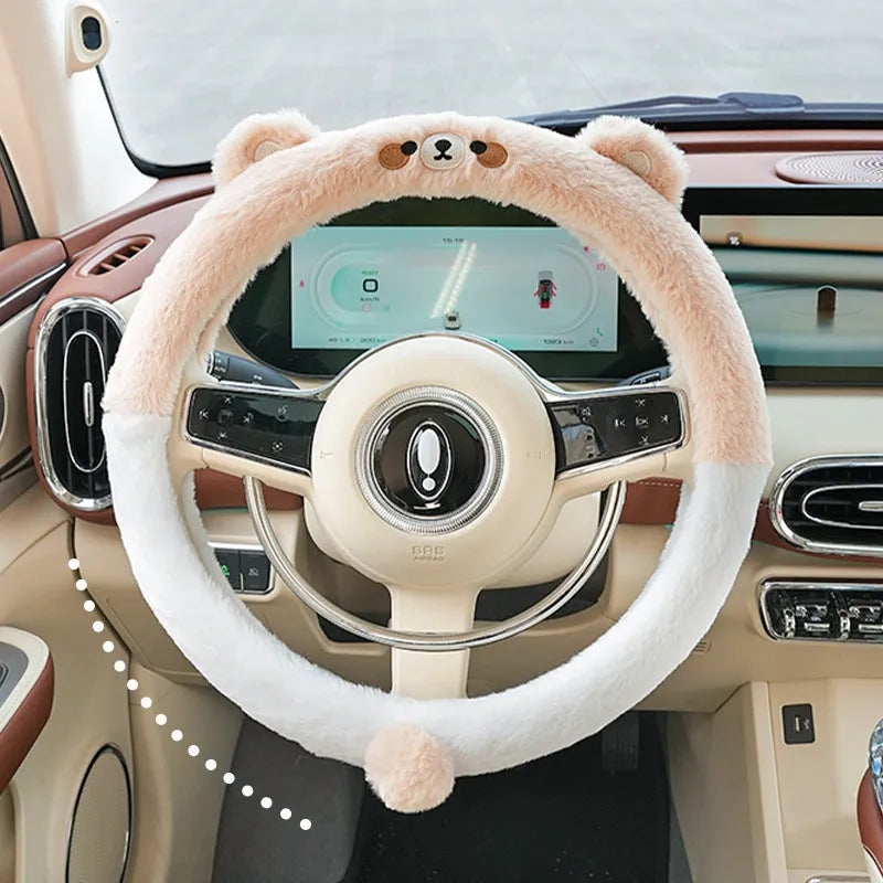 Plush steering wheel cover with animal embroidery in 38cm diameter for winter use