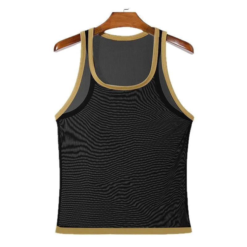 Men's tight-fitting black mesh vest for sports and fitness training.