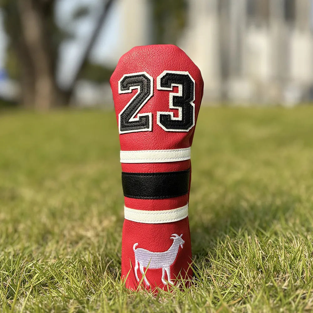 Yellow Ram golf headcover set with four wooden pole covers and square putter sleeve