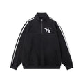 Black retro style polyester hooded sweater jacket with long sleeves on hanger