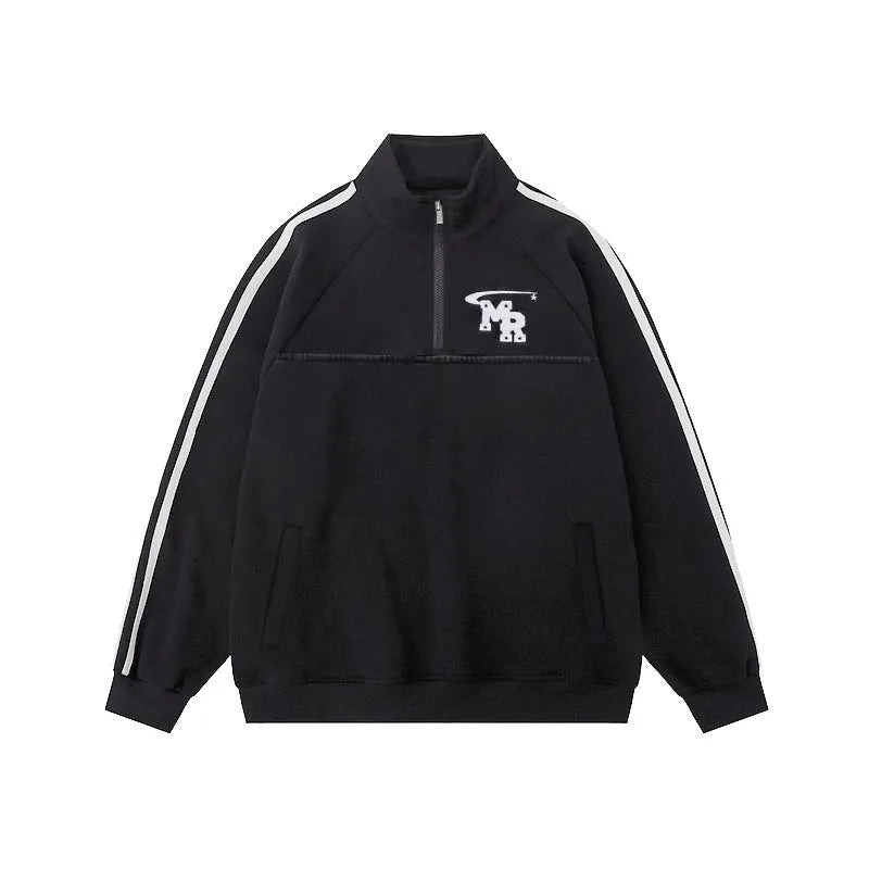 Black retro style polyester hooded sweater jacket with long sleeves on hanger