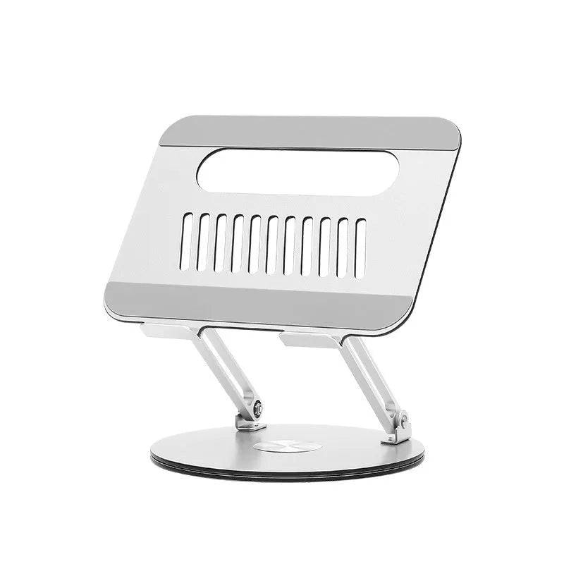 Silver aluminium laptop stand showing rotation and lifting features
