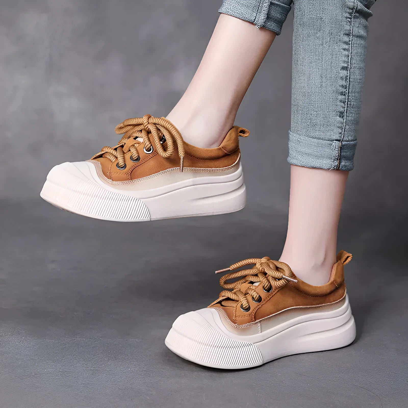 Women's round toe lace-up casual shoes in yellow leather with a rubber foam sole.
