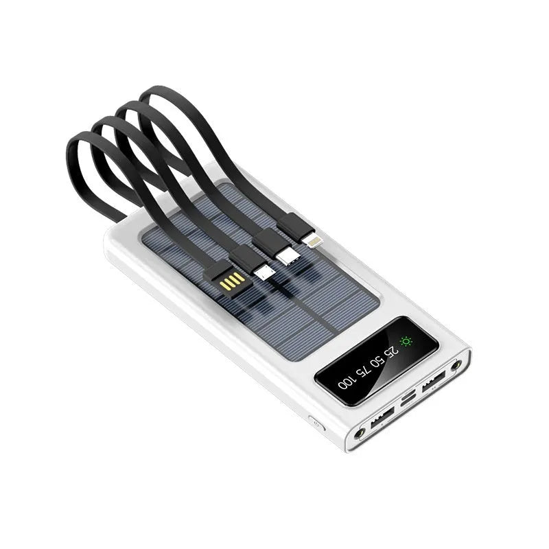 Black and white solar power bank with charging cable showing 20000mAh capacity and solar panel