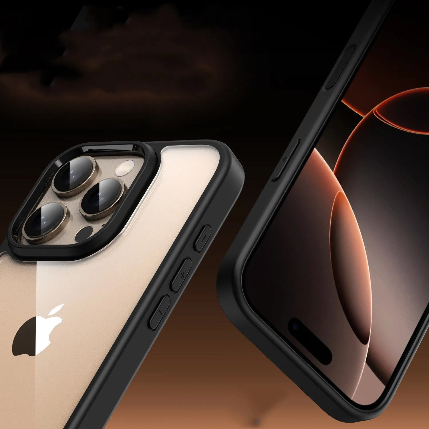 Black magnetic iPhone 16 phone case with TPU and PC construction showing magnetic components and airbag-style protection elements
