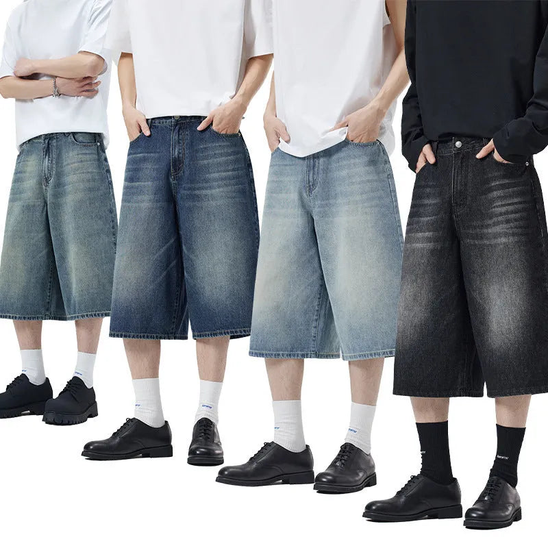 Cropped straight-leg denim shorts in light blue colour showing loose fit styling
