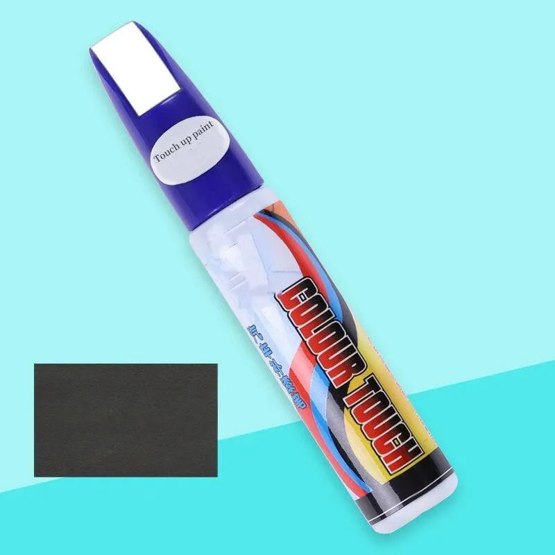 Automotive paint scratch repair kit with touch-up pen, wax, sandpaper, and sponge.