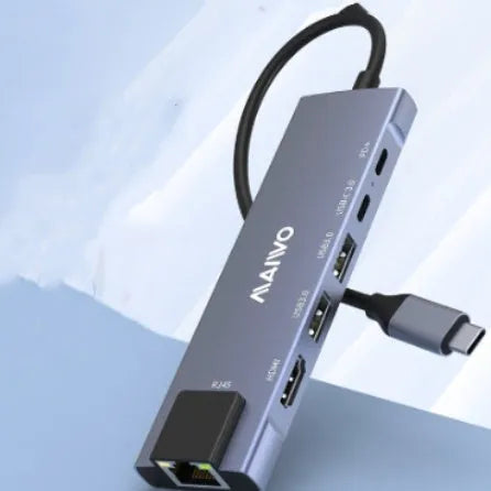 Steam Deck six-in-one docking station with Type-C cable, aluminium shell, HDMI, Ethernet, and USB ports.