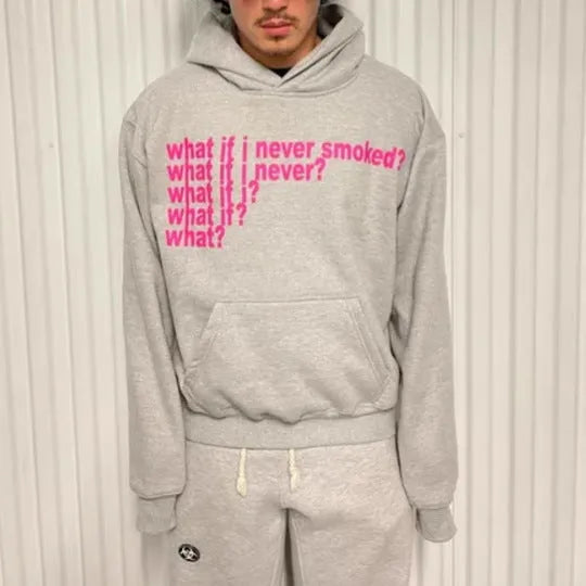 Black hooded sweatshirt with a white letter print graphic on the front.