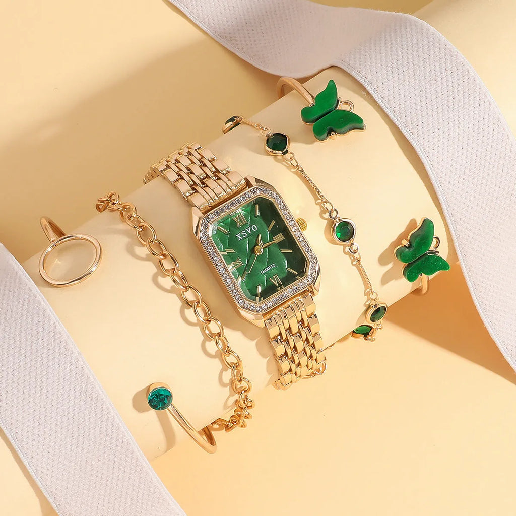 Gold green women's square watch with four matching bracelets, 25mm dial diameter