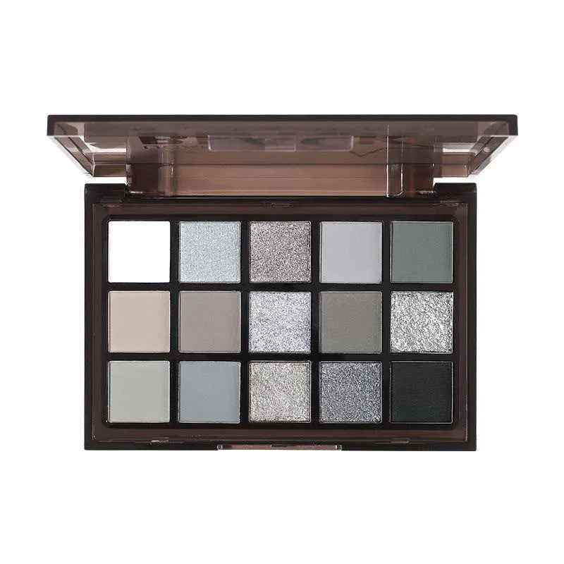 Cartoon style 15-colour eyeshadow palette with brown, blue and earth tone shades for smoky makeup