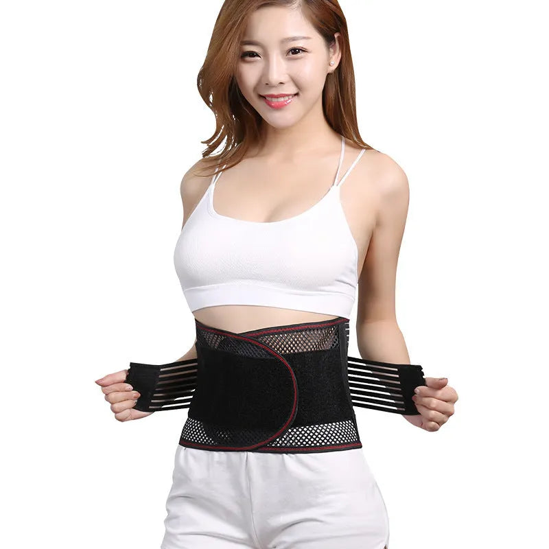 Black breathable sports waist support with steel plate backing for lumbar protection during fitness activities