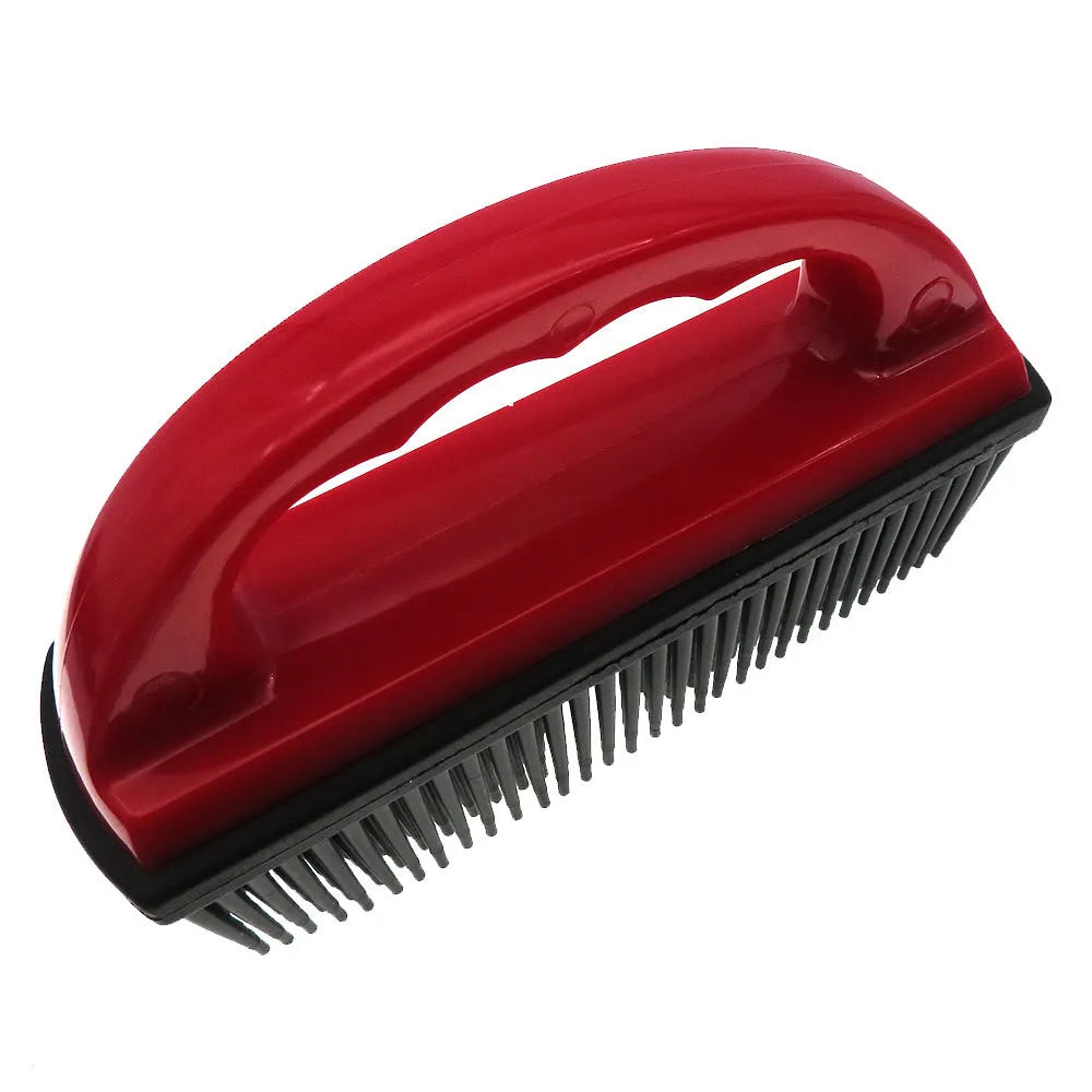 Red pet hair removal brush for dog and cat grooming and carpet cleaning, dimensions 160mm by 85mm.