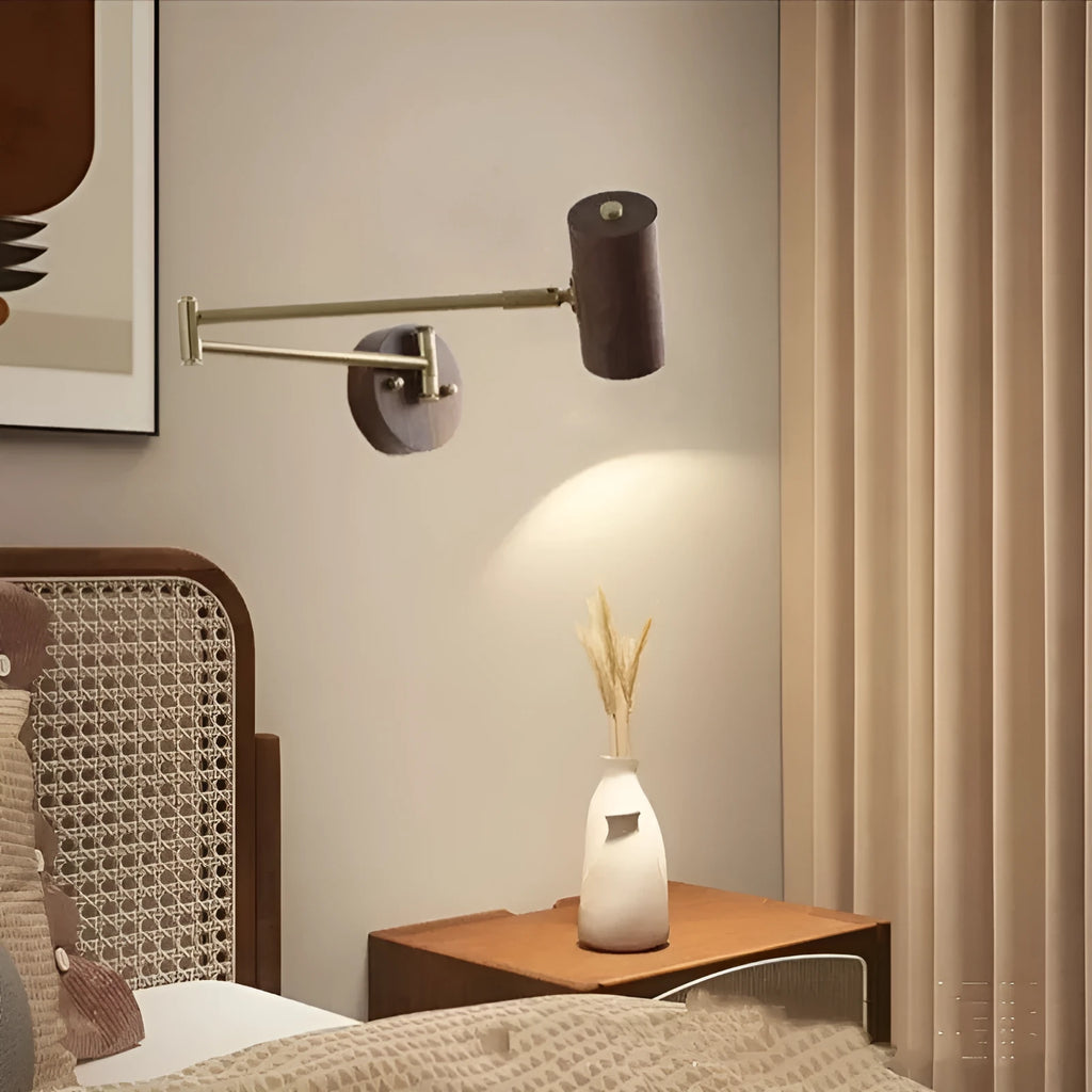 Retro wooden wall lamp with rotating long arm and integrated switch in walnut finish