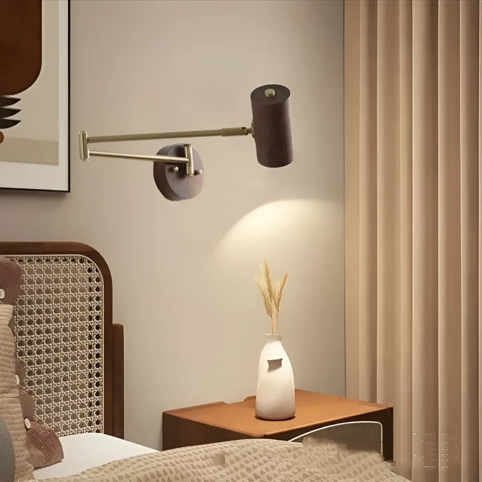 Retro wooden wall lamp with rotating long arm and integrated switch in walnut finish
