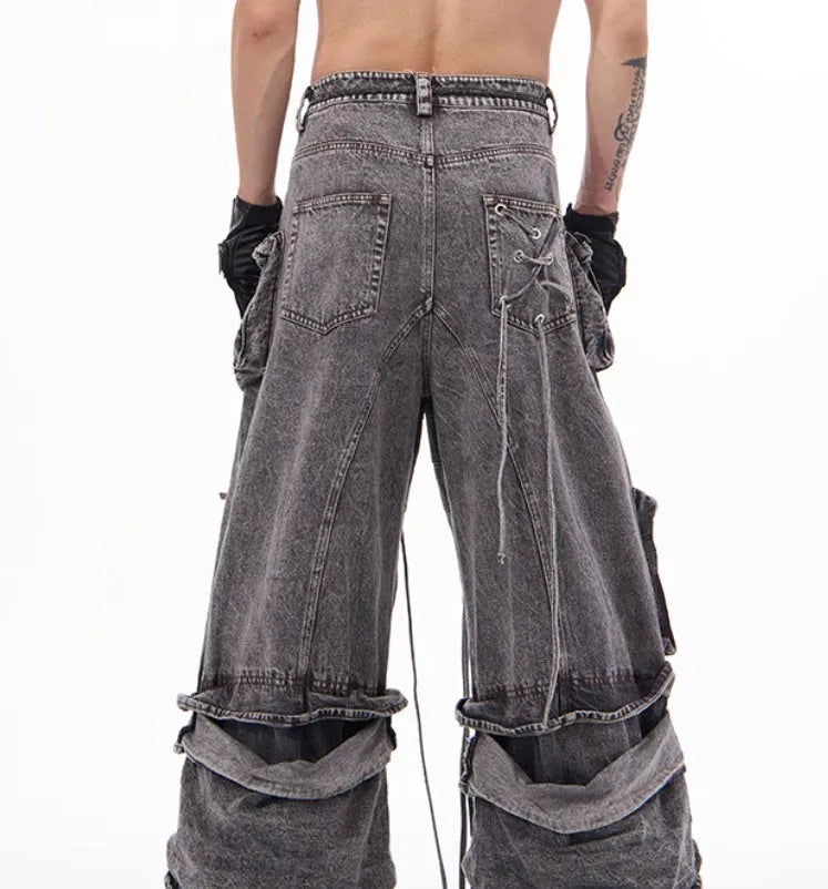 Grey distressed denim mop pants overalls with rope stitching details