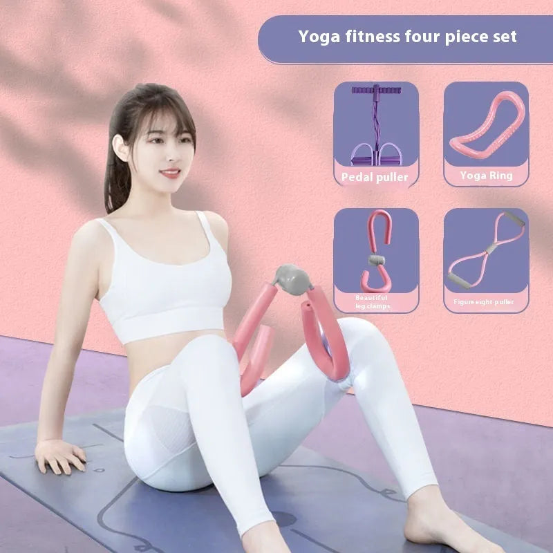 Yoga four piece fitness set showing leg beauty device, yoga ring, pedal tension device, and eight-figure tension rope.