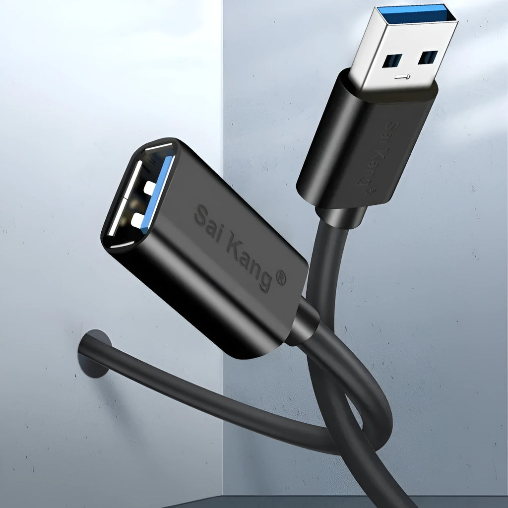 Black USB extension cable with male and female connectors showing length options and double-shielded construction.
