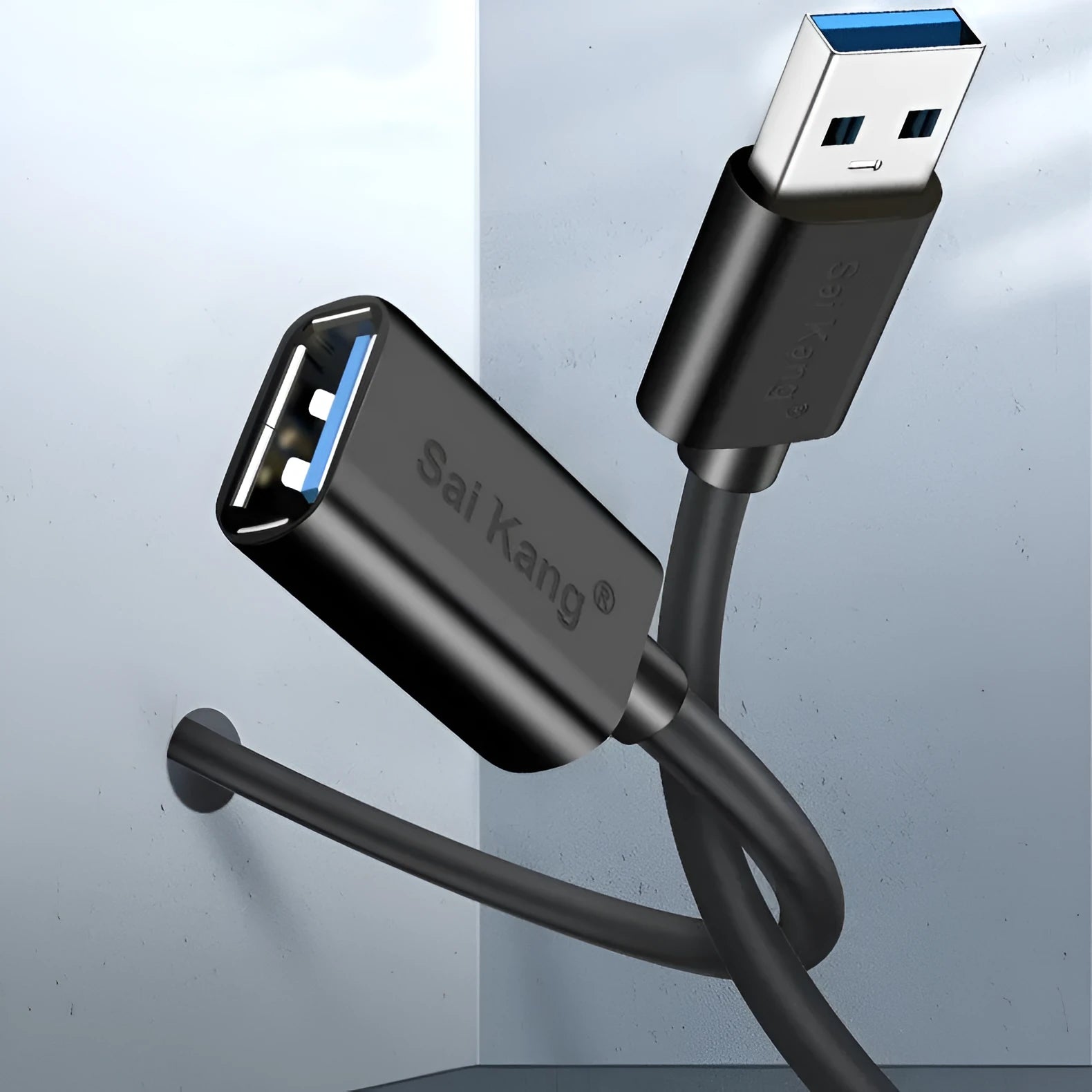 Black USB extension cable with male and female connectors showing length options and double-shielded construction.