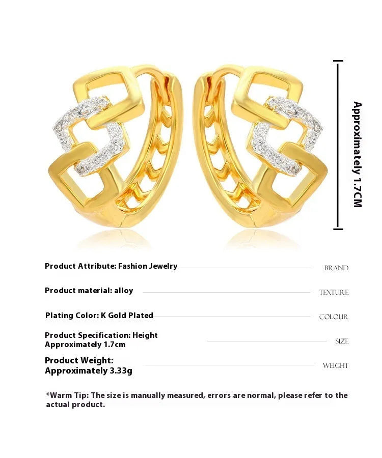 Geometric hollow out gold electroplated alloy earrings with colour separation ear clip design