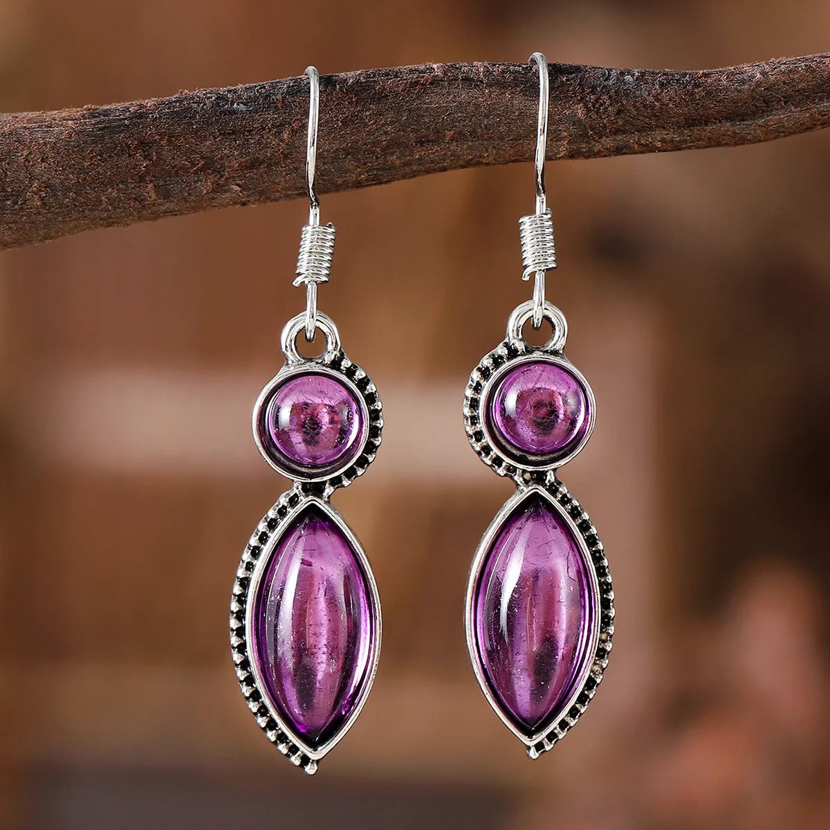 Black and purple vintage geometric zinc alloy earrings with round retro styling and electroplated finish