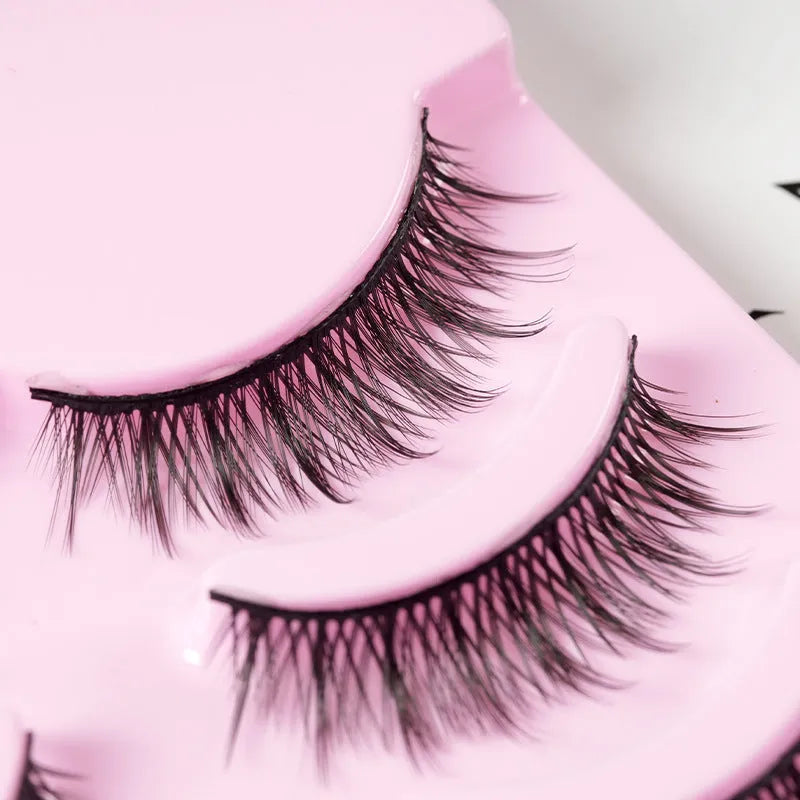 A set of three styles of black wispy false eyelashes for manga anime cosplay and Korean makeup.